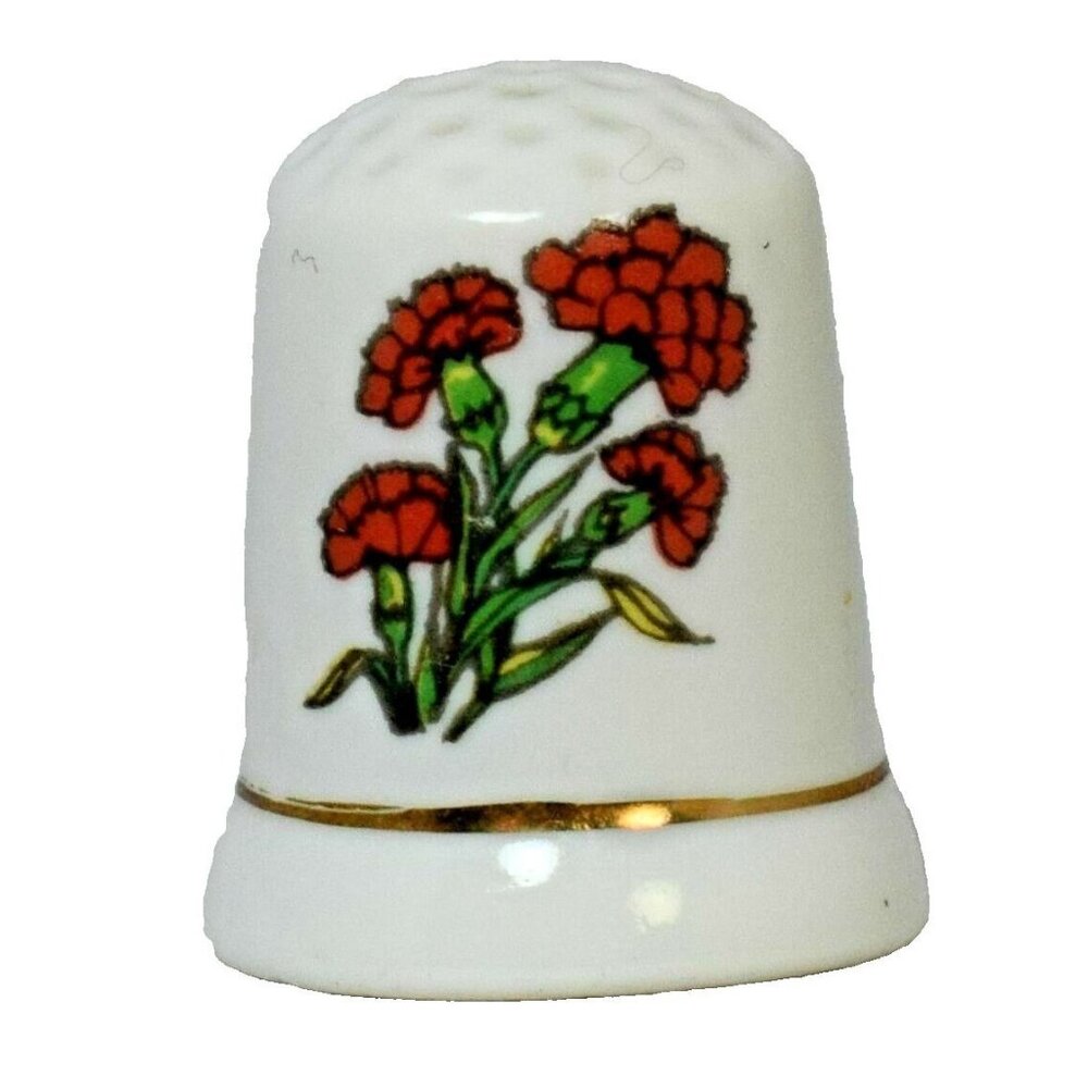Vintage Red Carnations Bouquet Souvenir Collectors Porcelain Thimble